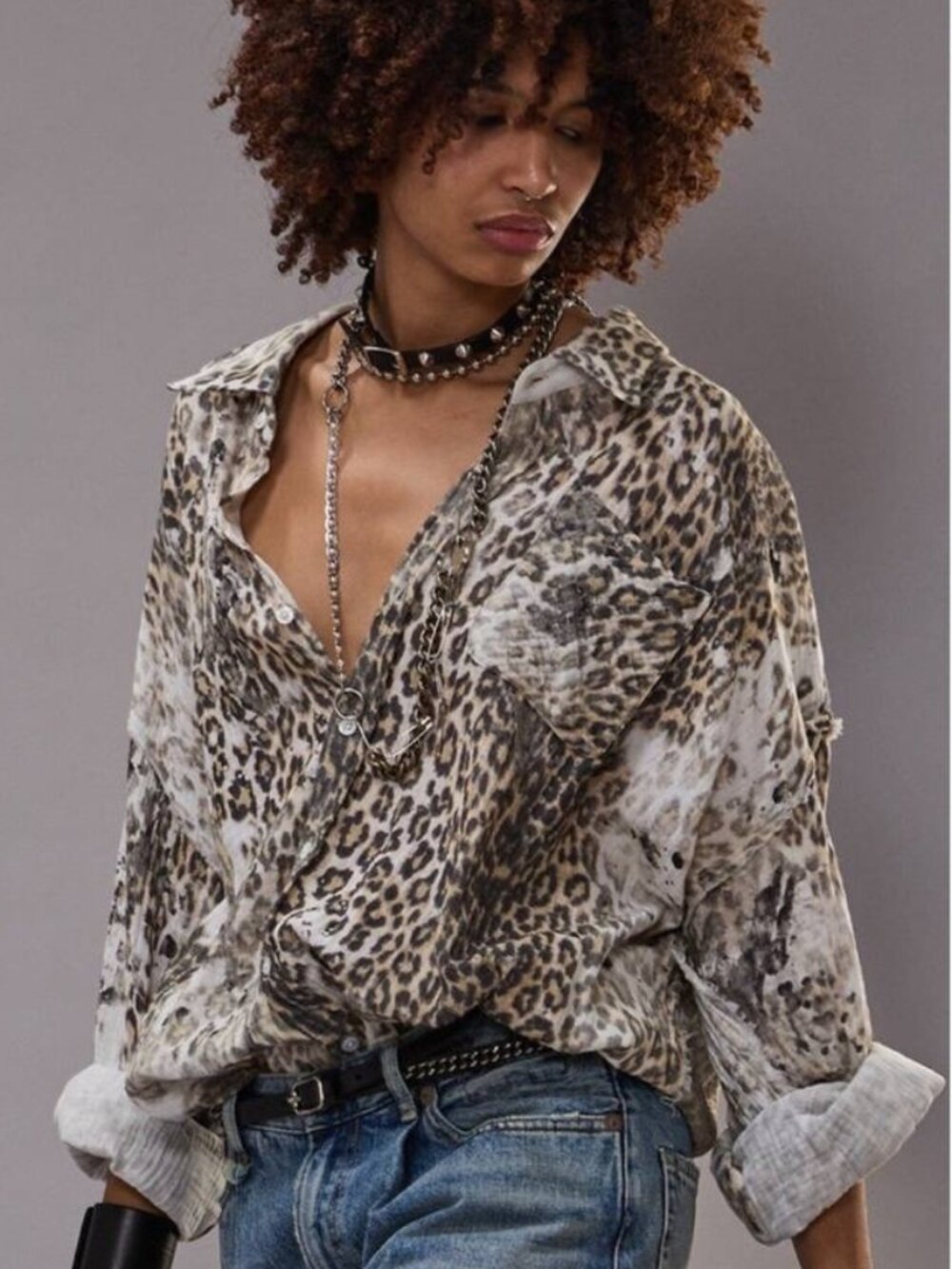 R13 NWOT Shredded cotton leopard print shirt S